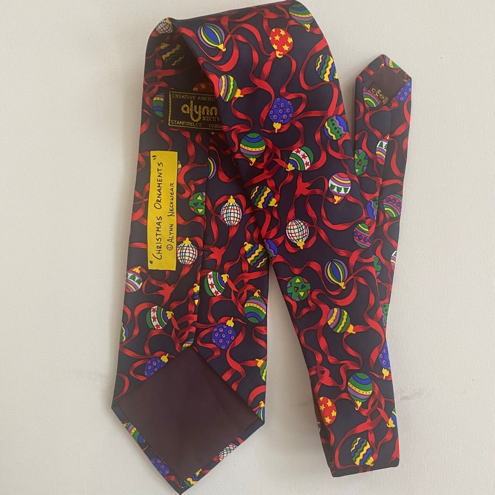 Alynn Neckwear Mens Silk Tie Christmas Ornaments Navy Blue Red Holiday Made USA‎